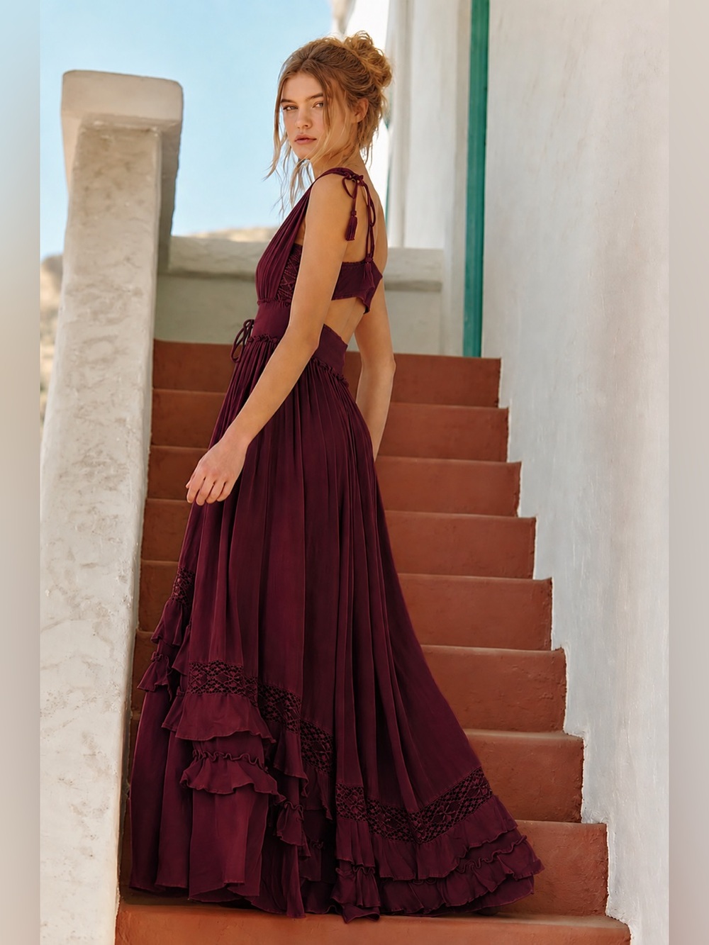 Free People Burgundy Boho Maxi Dress NWT Small Lace Ruffle Festival Cottagecore